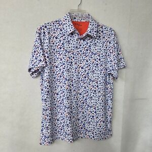 Birdie Bound Golf Polo Mens Floral Print Short Sleeve Shirt Medium Orange Blue